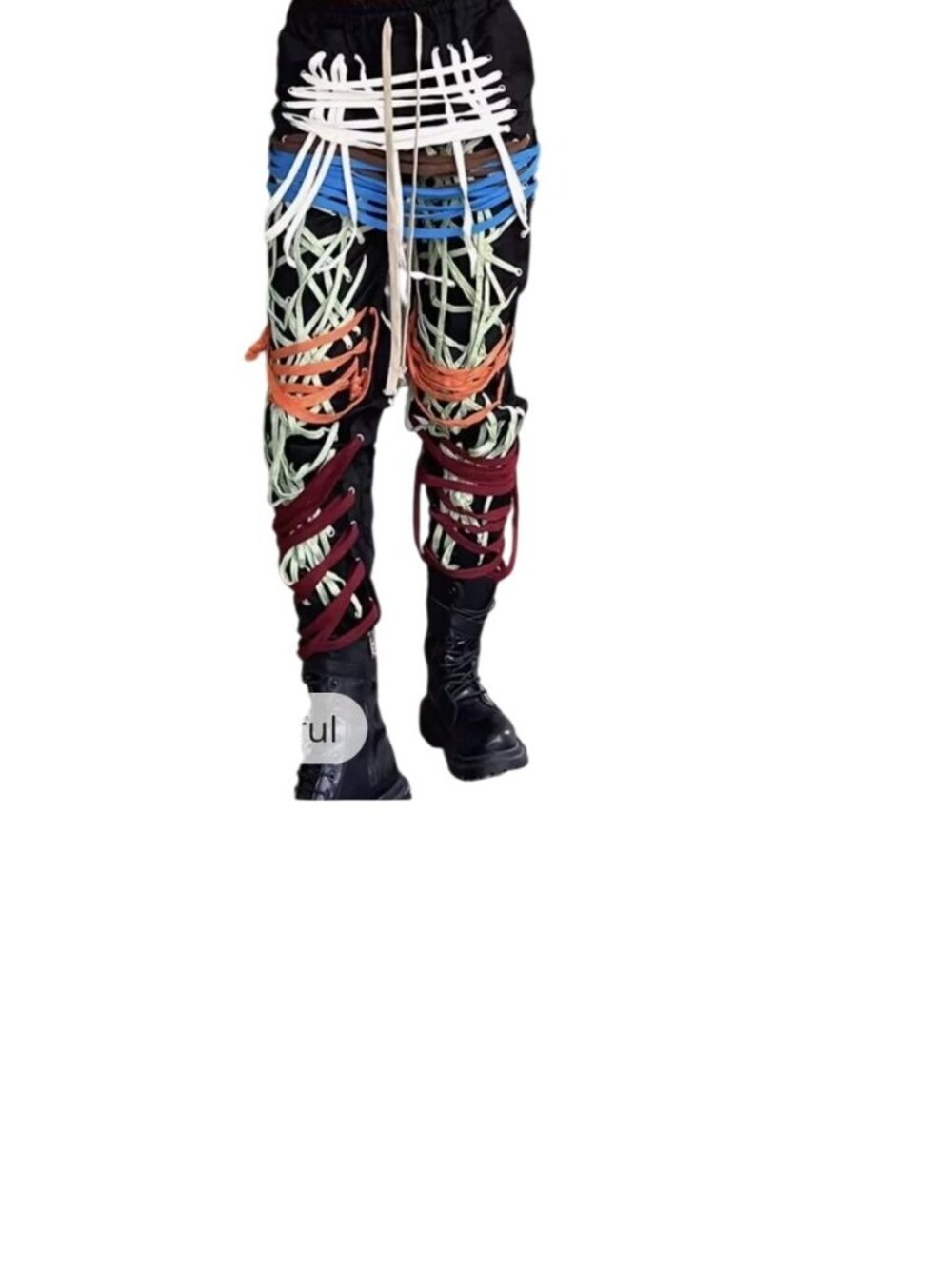 Twotwinstyle Womens High-Waist Patchwork Bandage Pants Colorful Rope Detail S